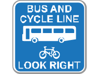 Contra flow bus lane which pedal cycles may also use with traffic approaching from the right (reminder for pedestrians) 